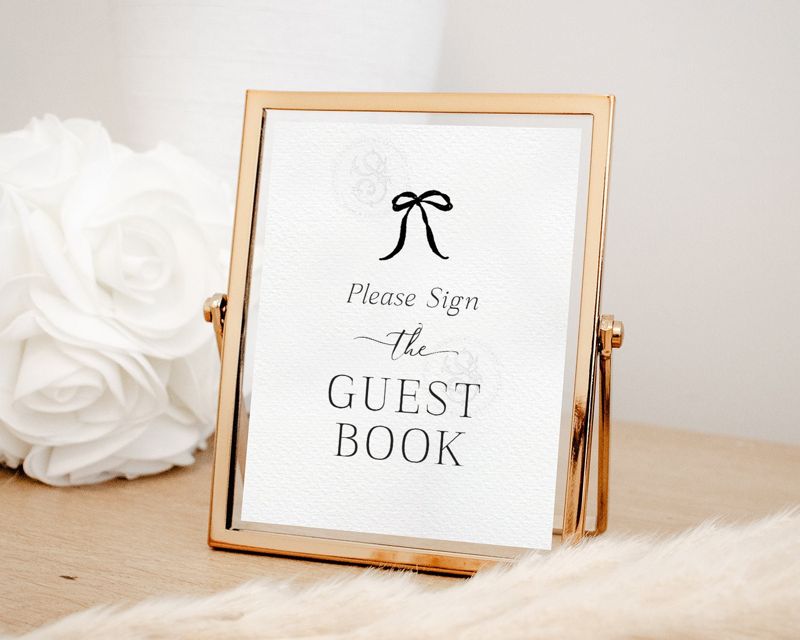 Guest Book Sign for Black Bow Bridal Shower Printable 8x10 - Black and white minimalist
