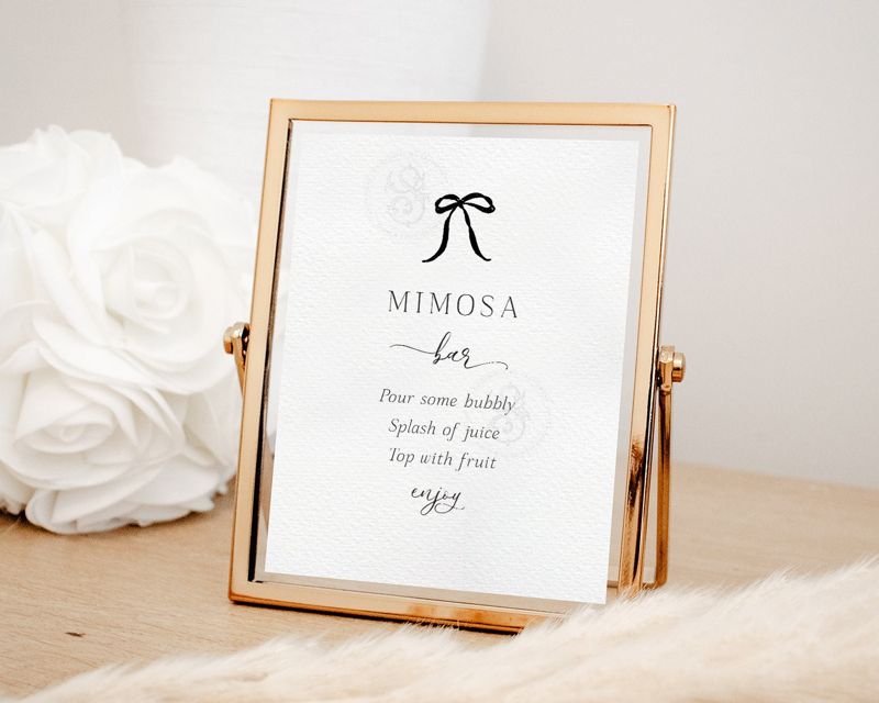 Mimosa Sign for Black Bow Bridal Shower Printable 8x10 - Black and white minimalist