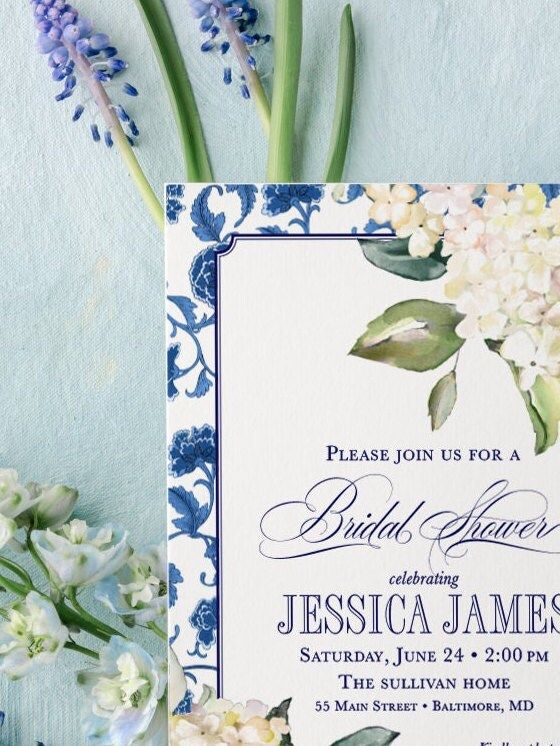 Classic Chinoiserie Bridal Shower Invitations - Blue and white Chinoiserie Hyndrangea Bridesmaids Luncheon Invite - Bridal Tea - Sip and See (10 printed invitations | Plain White Envelopes)