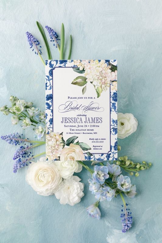 Classic Chinoiserie Bridal Shower Invitations - Blue and white Chinoiserie Hyndrangea Bridesmaids Luncheon Invite - Bridal Tea - Sip and See (10 printed invitations | Plain White Envelopes)