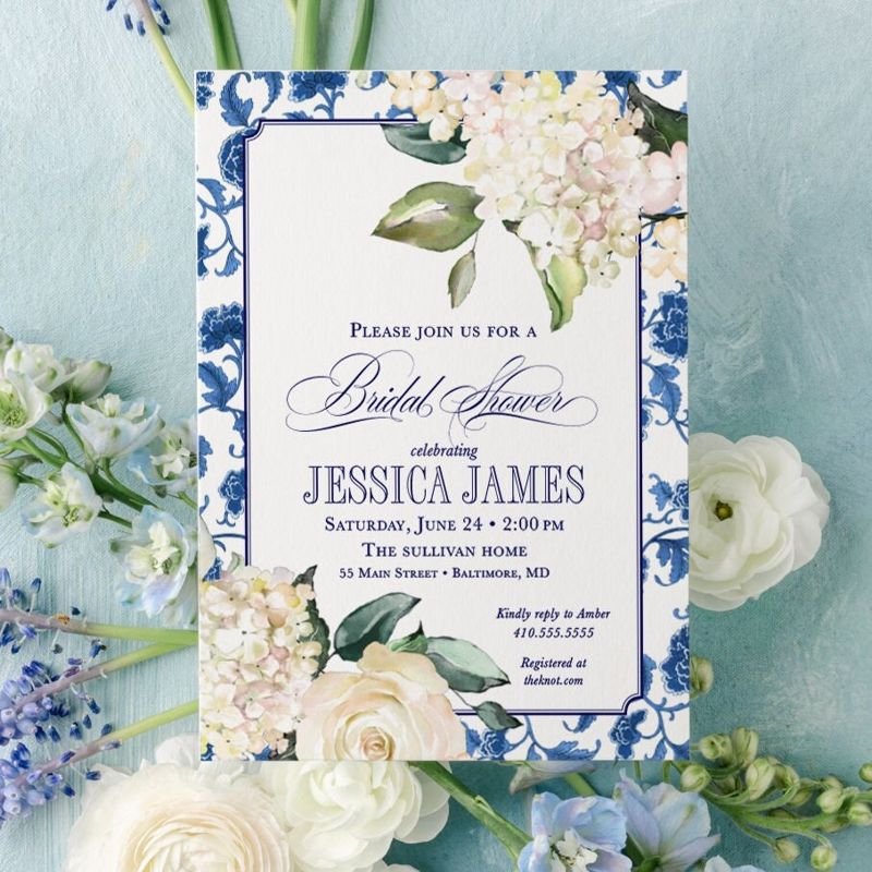 Classic Chinoiserie Bridal Shower Invitations - Blue and white Chinoiserie Hyndrangea Bridesmaids Luncheon Invite - Bridal Tea - Sip and See (10 printed invitations | Plain White Envelopes)