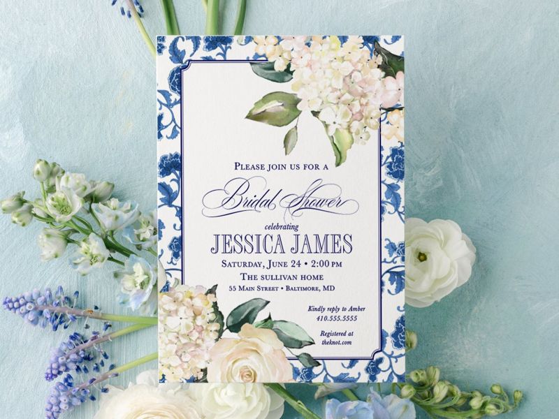 Classic Chinoiserie Bridal Shower Invitations - Blue and white Chinoiserie Hyndrangea Bridesmaids Luncheon Invite - Bridal Tea - Sip and See (10 printed invitations | Plain White Envelopes)