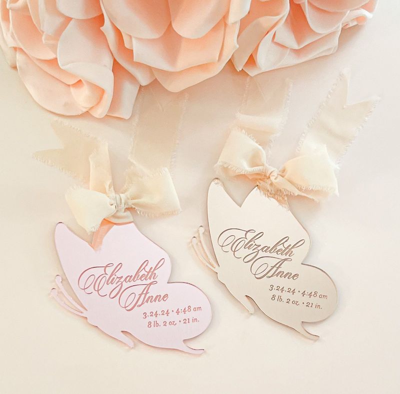 Butterfly Keepsake Christmas Ornament Baby Girl baby’s First christmas ornament birth statistic ornament birth information stats (Rose Gold Mirror)