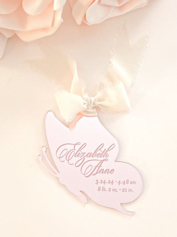 Butterfly Keepsake Christmas Ornament Baby Girl baby’s First christmas ornament birth statistic ornament birth information stats (Rose Gold Mirror)