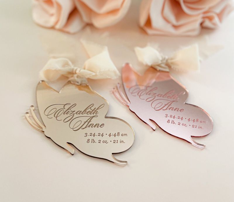 Butterfly Keepsake Christmas Ornament Baby Girl baby’s First christmas ornament birth statistic ornament birth information stats (Rose Gold Mirror)