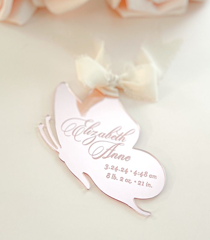 Butterfly Keepsake Christmas Ornament Baby Girl baby’s First christmas ornament birth statistic ornament birth information stats (Rose Gold Mirror)