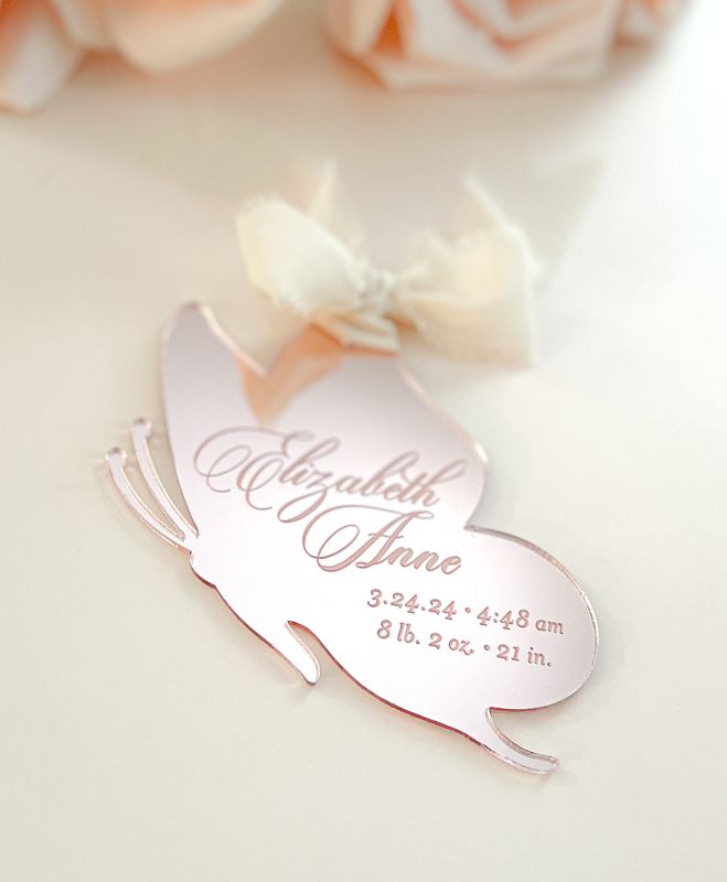Butterfly Keepsake Christmas Ornament Baby Girl baby’s First christmas ornament birth statistic ornament birth information stats (Rose Gold Mirror)