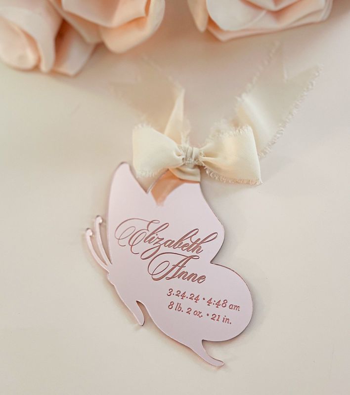 Butterfly Keepsake Christmas Ornament Baby Girl baby’s First christmas ornament birth statistic ornament birth information stats (Rose Gold Mirror)