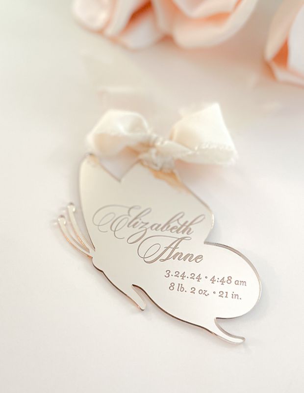 Butterfly Keepsake Christmas Ornament Baby Girl baby’s First christmas ornament birth statistic ornament birth information stats (Rose Gold Mirror)