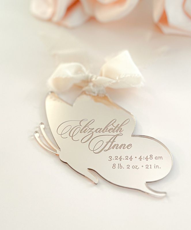 Butterfly Keepsake Christmas Ornament Baby Girl baby’s First christmas ornament birth statistic ornament birth information stats (Rose Gold Mirror)