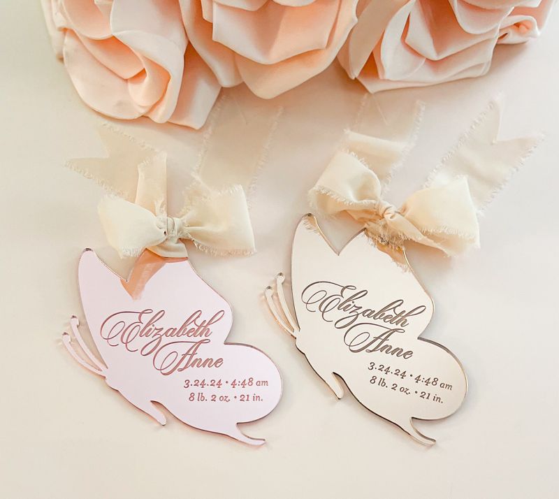 Butterfly Keepsake Christmas Ornament Baby Girl baby’s First christmas ornament birth statistic ornament birth information stats (Rose Gold Mirror)