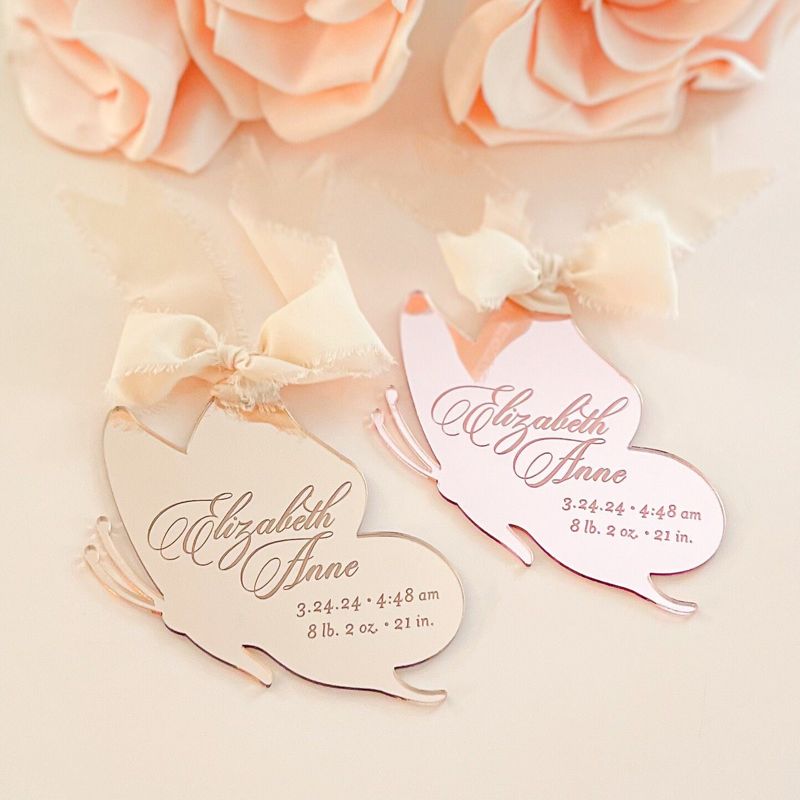 Butterfly Keepsake Christmas Ornament Baby Girl baby’s First christmas ornament birth statistic ornament birth information stats (Rose Gold Mirror)
