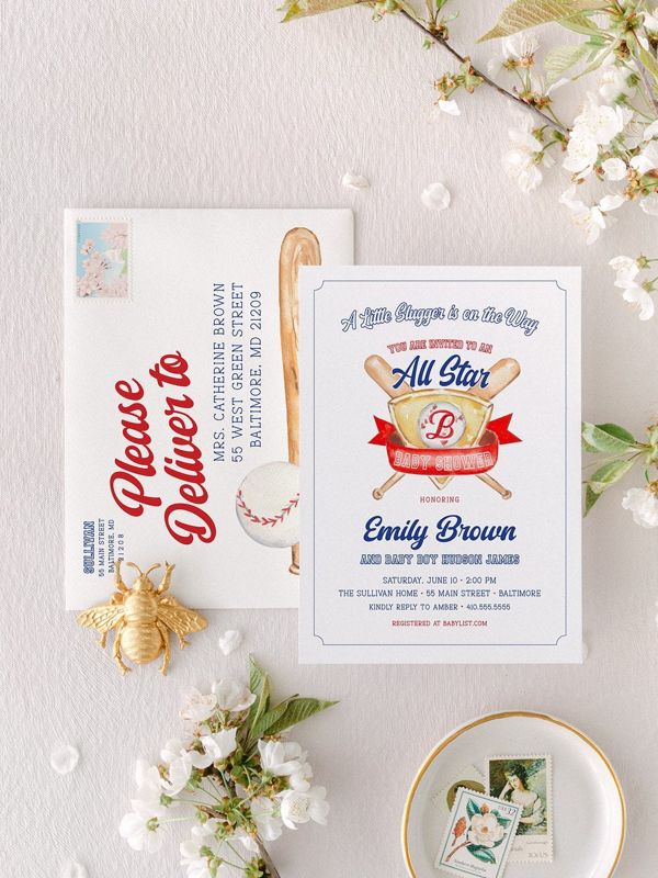 Baseball Classic Baby Boy Shower Invitation Monogram Crest Boy Baby Sprinkle Traditional Preppy Little Slugger All Star (10 printed invitations | Plain White Envelopes)