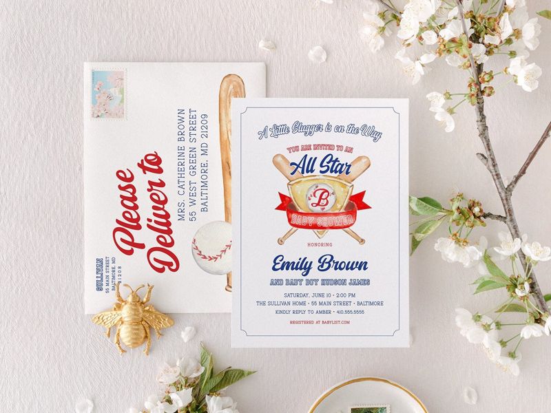 Baseball Classic Baby Boy Shower Invitation Monogram Crest Boy Baby Sprinkle Traditional Preppy Little Slugger All Star (10 printed invitations | Plain White Envelopes)