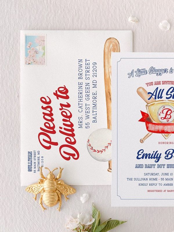 Baseball Classic Baby Boy Shower Invitation Monogram Crest Boy Baby Sprinkle Traditional Preppy Little Slugger All Star (10 printed invitations | Plain White Envelopes)