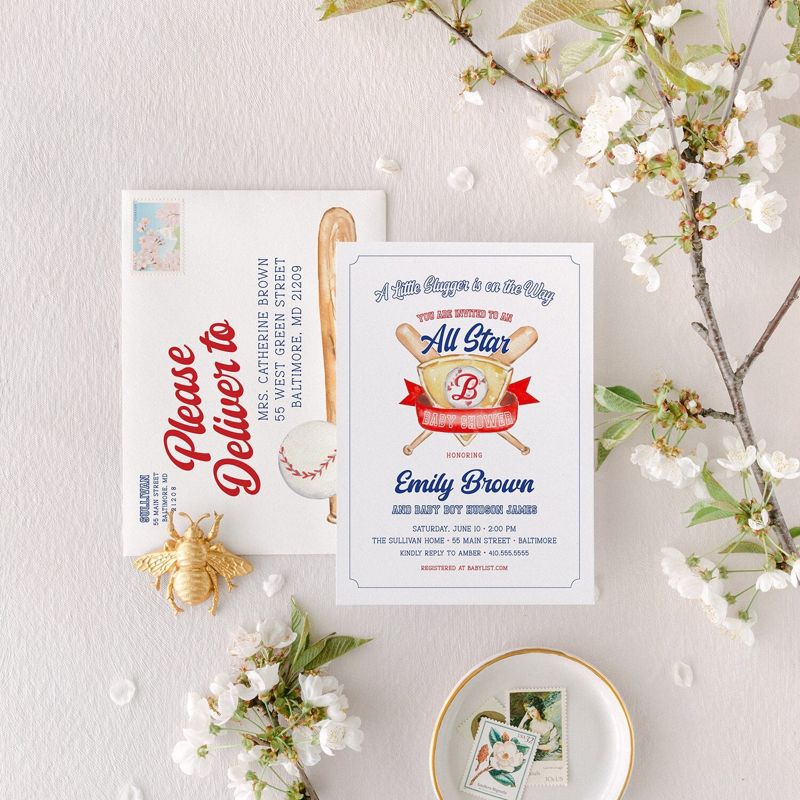 Baseball Classic Baby Boy Shower Invitation Monogram Crest Boy Baby Sprinkle Traditional Preppy Little Slugger All Star (10 printed invitations | Plain White Envelopes)