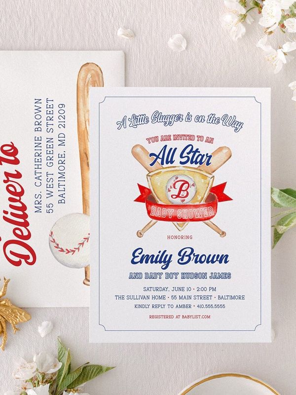Baseball Classic Baby Boy Shower Invitation Monogram Crest Boy Baby Sprinkle Traditional Preppy Little Slugger All Star (10 printed invitations | Plain White Envelopes)