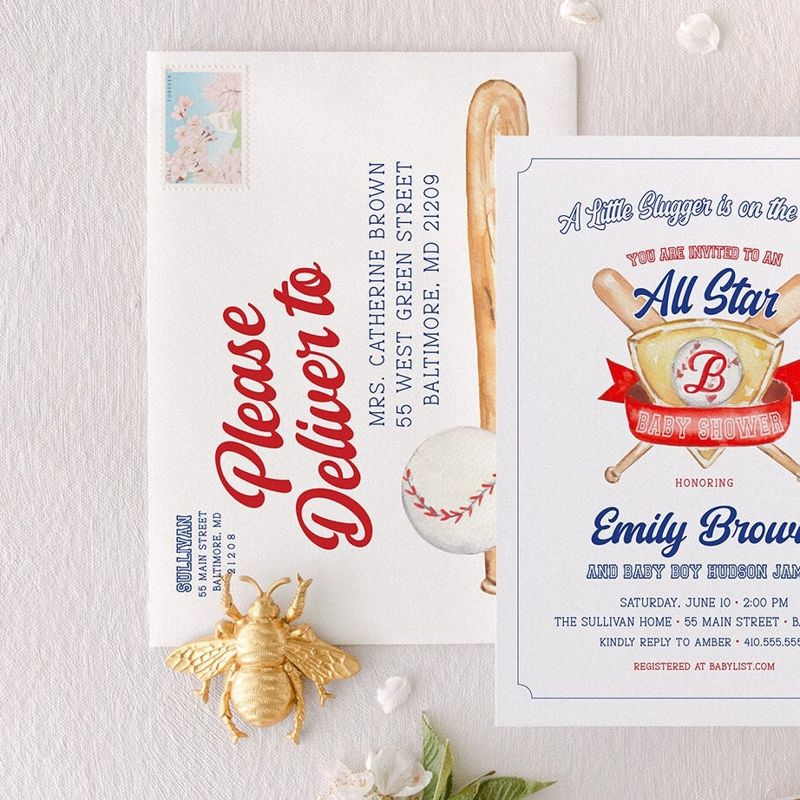 Baseball Classic Baby Boy Shower Invitation Monogram Crest Boy Baby Sprinkle Traditional Preppy Little Slugger All Star (10 printed invitations | Plain White Envelopes)