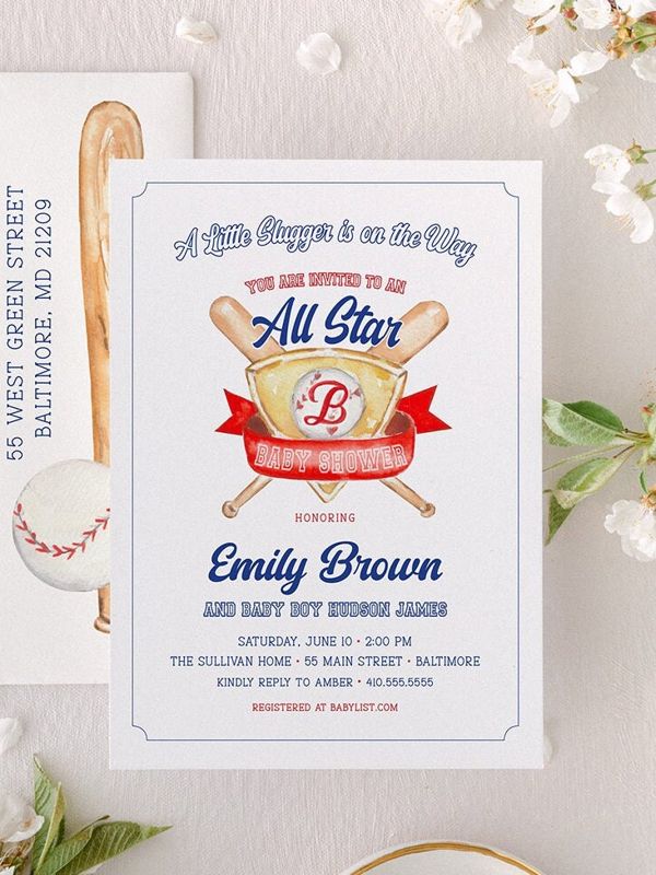 Baseball Classic Baby Boy Shower Invitation Monogram Crest Boy Baby Sprinkle Traditional Preppy Little Slugger All Star (10 printed invitations | Plain White Envelopes)