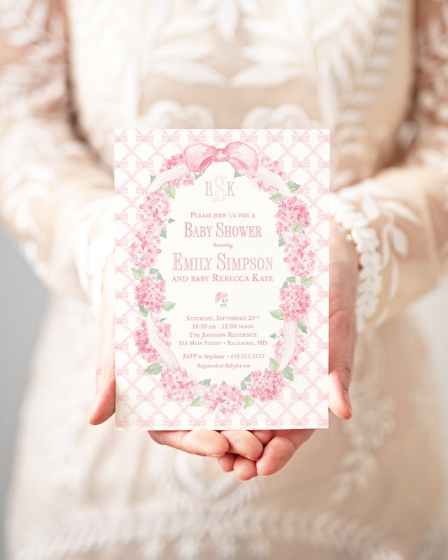 Grandmillenial Baby Girl Shower Invitations with Bow Frame, Sprinkle for Baby Girl, Pink Hydrangea Bow Printed, Fancy bow party (10 printed invitations | Plain White Envelopes)