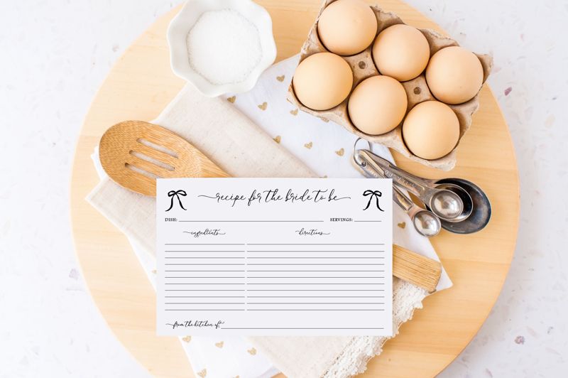 Recipe Cards Printed for Bridal Shower,Bridal Luncheon, Recipes for the Bride to Be, Tying the Knot, Black bow (20 printed cards)