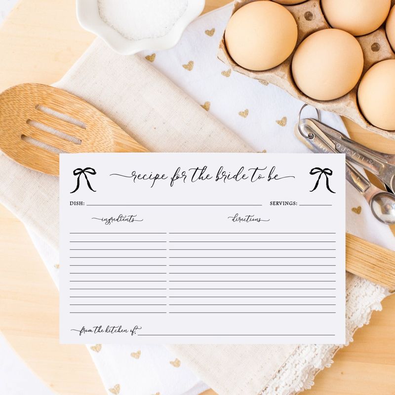 Recipe Cards Printed for Bridal Shower,Bridal Luncheon, Recipes for the Bride to Be, Tying the Knot, Black bow (20 printed cards)
