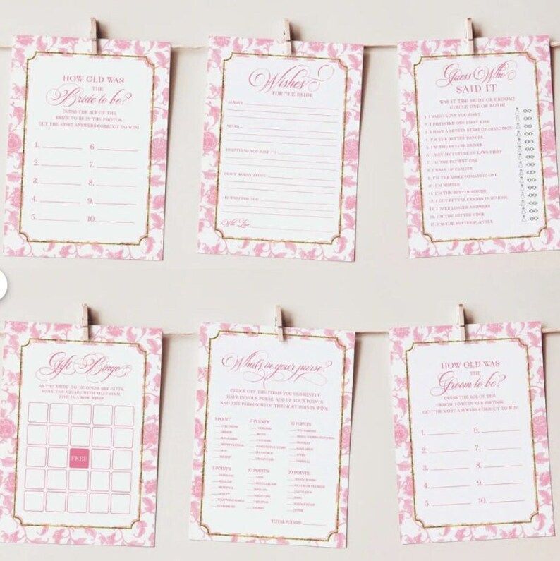Bridal Shower Games Printed - Pink Toile Chinoiserie Game Cards (20 printed cards, Guess Who Said It)