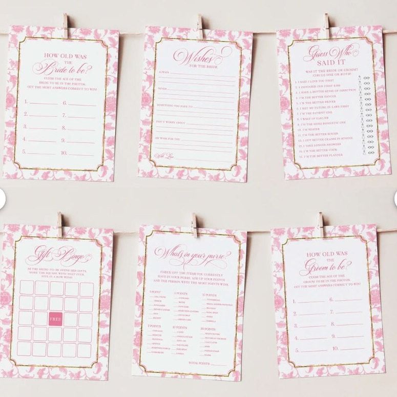 Bridal Shower Games Printed - Pink Toile Chinoiserie Game Cards (20 printed cards, Guess Who Said It)