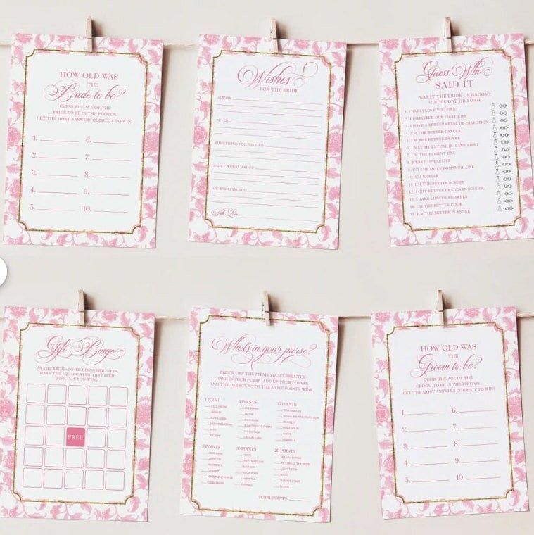 Bridal Shower Games Printed - Pink Toile Chinoiserie Game Cards (20 printed cards, Guess Who Said It)