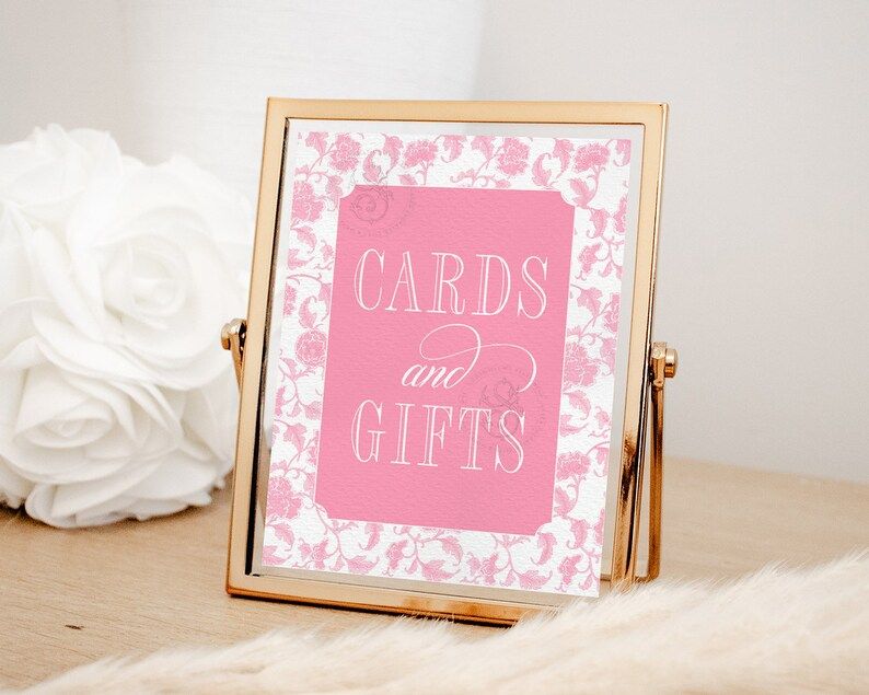 Cards and Gifts Sign for Pink Toile Chinoiserie Bridal Shower Printable 8x10 - Baby Girl Shower