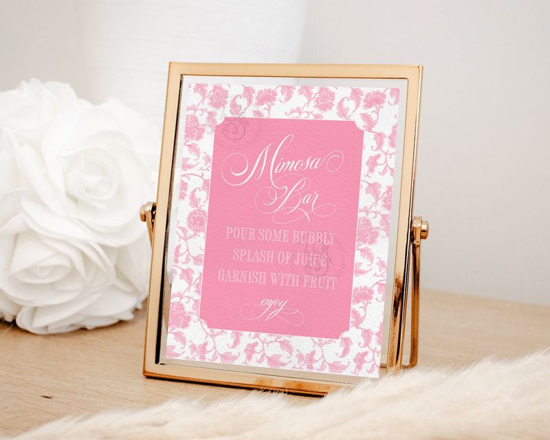 Mimosa Bar Sign for Bridal Shower or Baby Girl Shower Printable 8x10 - Preppy Pink Chinoiserie Toile Baby Sprinkle Fancy Party