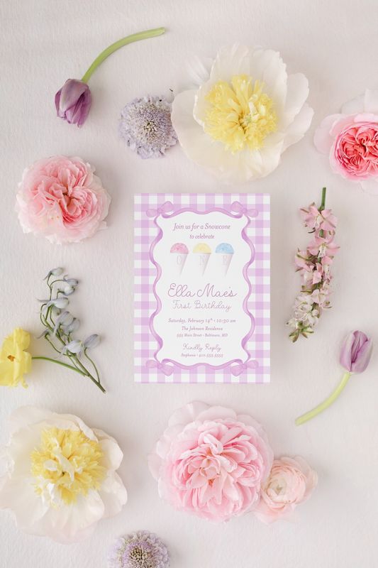 Snowcone Birthday Girl Invitations Snowball Girl 1st birthday Party Lilac Purple Gingham Bow Frame