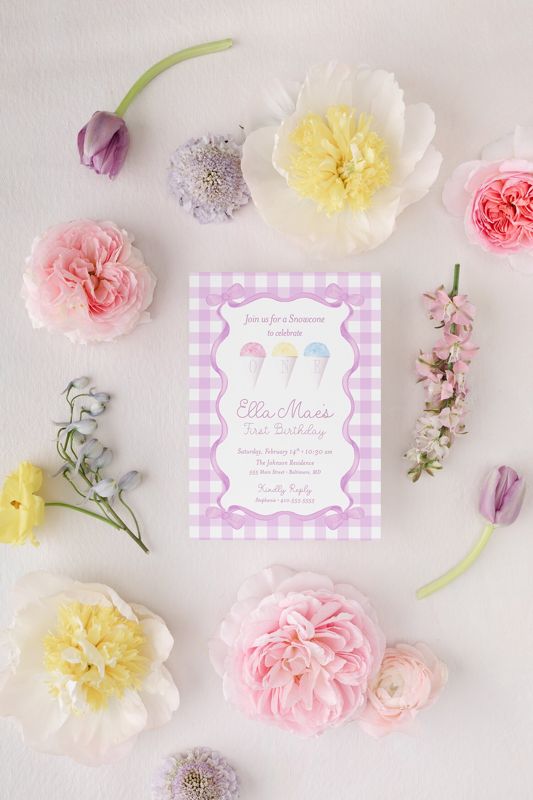 Snowcone Birthday Girl Invitations Snowball Girl 1st birthday Party Lilac Purple Gingham Bow Frame