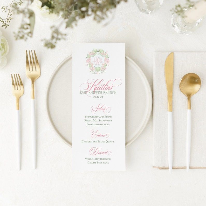 Printed Menu Cards for Grandmillenial Baby Girl Shower- Birthday Party Menu - Bridesmaid Luncheon - Brunch and Bubbly (20 printed menus)