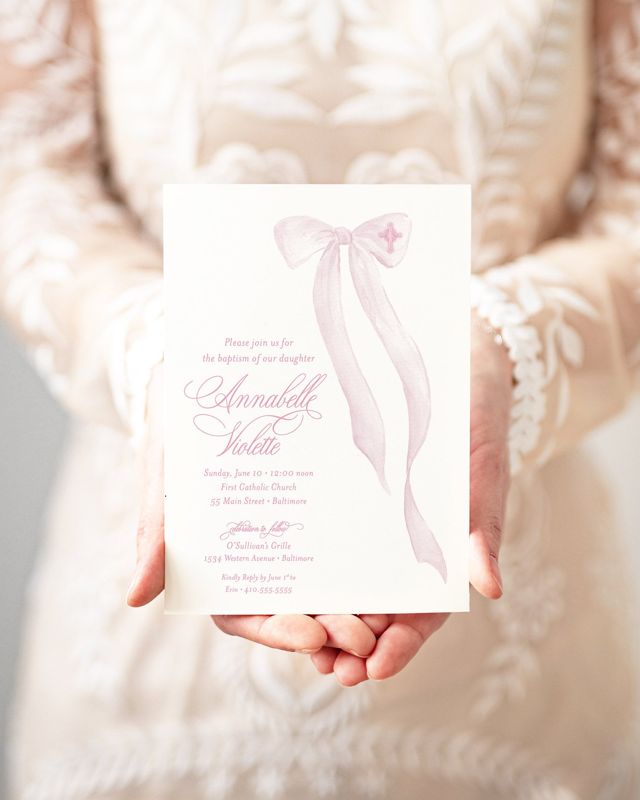 Pink Bow Baptism Invitation for Girl, whimsical baby girl Christening, heirloom bow, long tail bow watercolor Printable