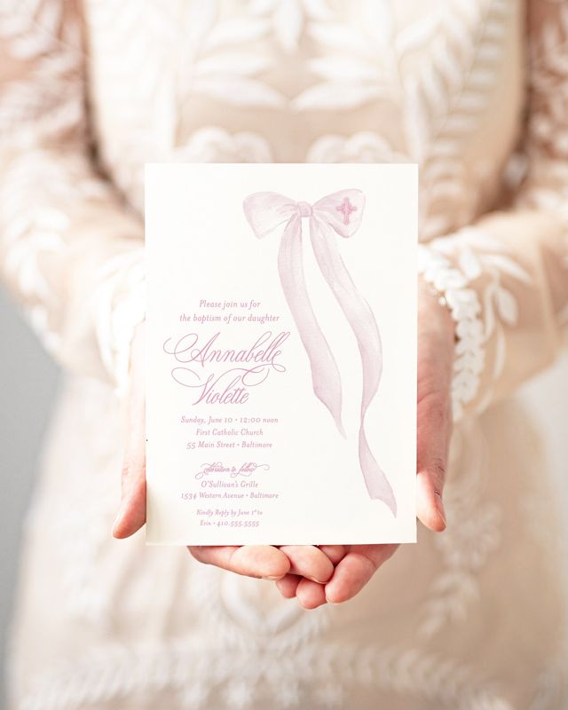 Pink Bow Baptism Invitation for Girl, whimsical baby girl Christening, heirloom bow, long tail bow watercolor Printable