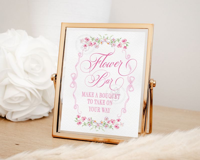 Flower Bar Sign for Girl Baby Shower Printable with Pink Bow and flowers - Printable 8x10 - Baby Girl Sprinkle