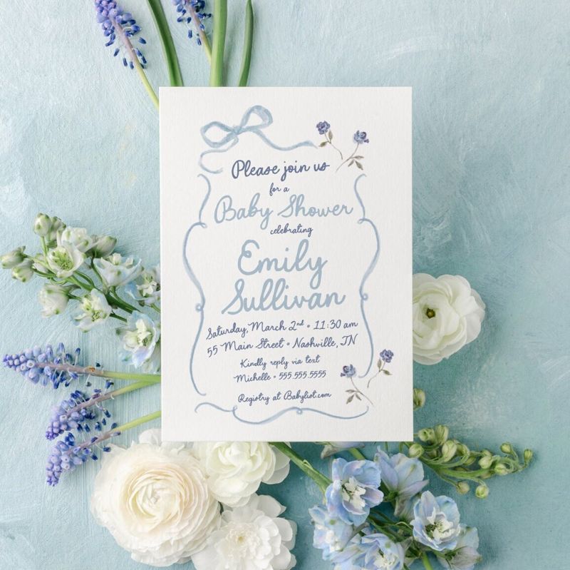Hand Drawn Boy Baby Shower Invitations - Blue Bow Baby Boy Sprinkle - Baby Sip and See - Coquette Bow Printable