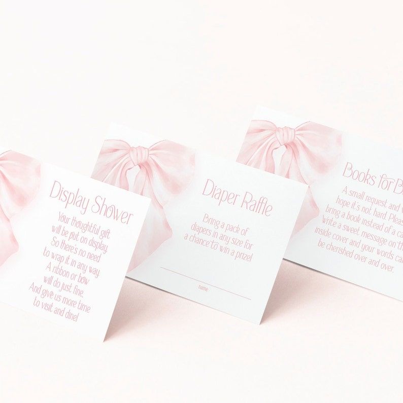 Pink Bow Baby Girl Shower Diaper Raffle Insert Cards Printed, Book Request Insert Card or Display Shower Insert Cards (20 printed cards | Diaper Raffle Ticket)