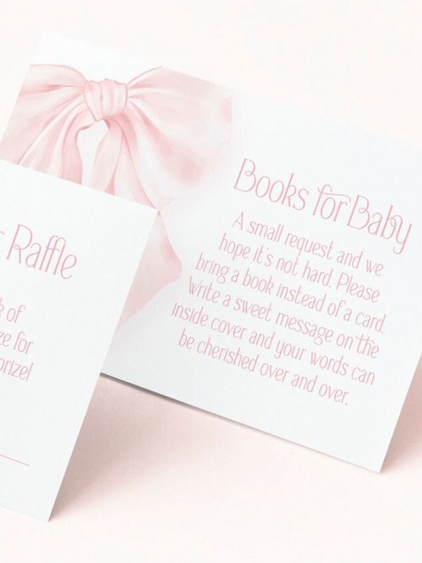 Pink Bow Baby Girl Shower Diaper Raffle Insert Cards Printed, Book Request Insert Card or Display Shower Insert Cards (20 printed cards | Diaper Raffle Ticket)
