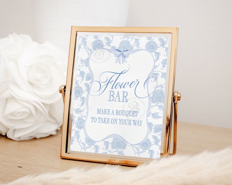 Flower Bar Sign for Bridal Shower or Boy Baby Shower Printable - Printable 8x10 - Preppy Light Blue Toile Chinoiserie Baby Sprinkle