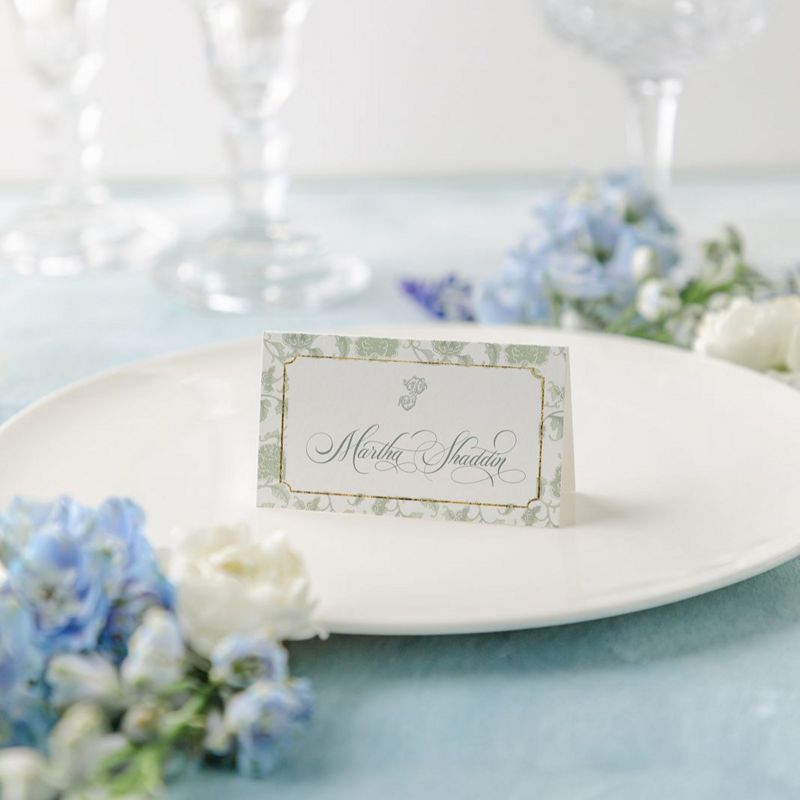 Printed Escort Cards for Bridal Shower - Sage Chinoiserie Toile Place Cards - Bridesmaids Luncheon - Monogram Escort Cards - Personalized (10 escort cards)