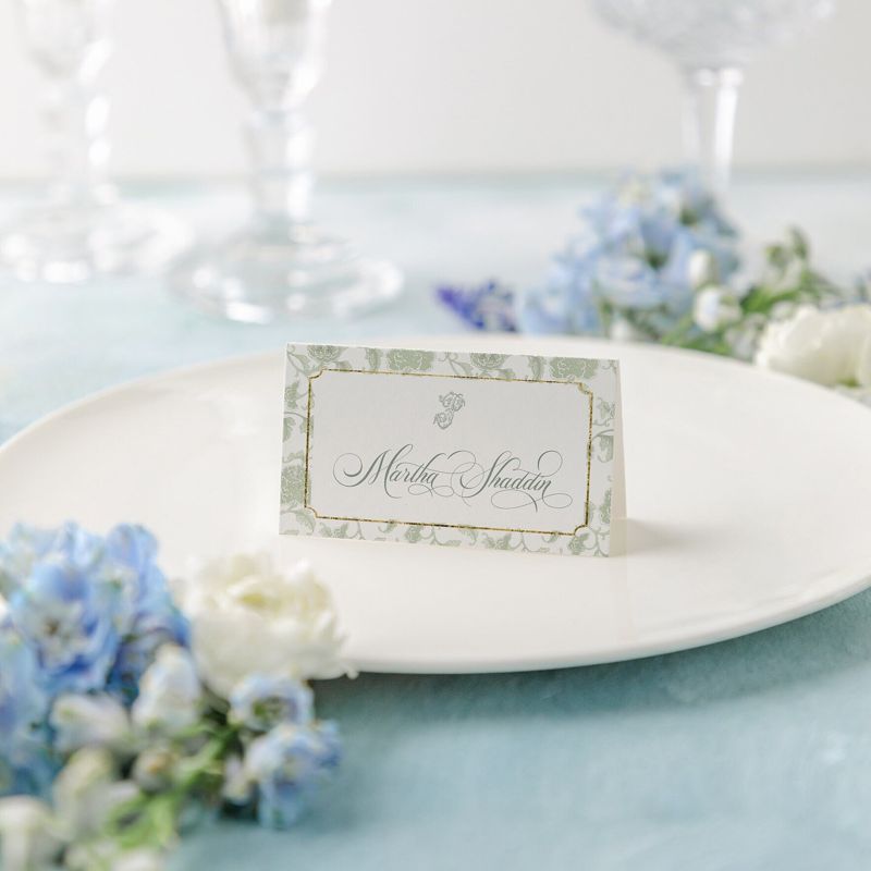 Printed Escort Cards for Bridal Shower - Sage Chinoiserie Toile Place Cards - Bridesmaids Luncheon - Monogram Escort Cards - Personalized (10 escort cards)