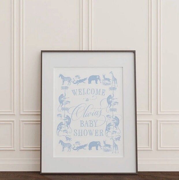 Safari Toile Baby Boy Shower Welcome Sign Printed - Classic Baby Boy Sprinkle 18x24" or 24x36" Welcome Poster (18x24 inches | Poster)