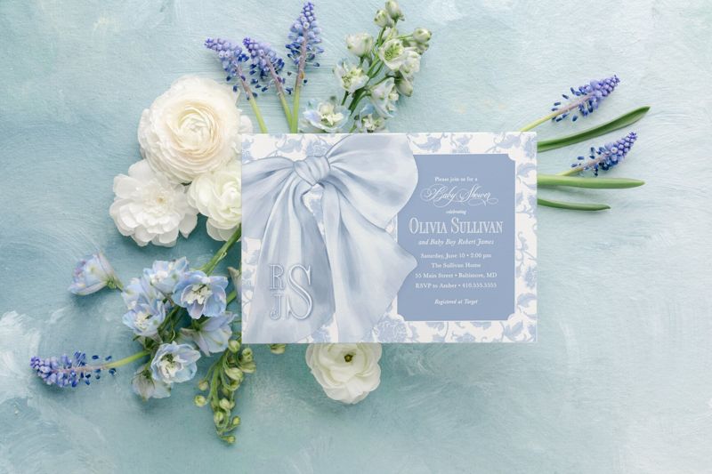 Blue Bow Baby Boy Shower Invitations - Classic Toile Chinoiserie Boy Baby Sprinkle - Monogram Bow - Traditional Sip and See Brunch Printable