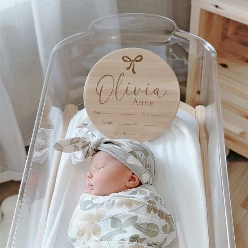 Bow Baby Girl Name and Birth Stats Announcement Sign for Hospital (5" inches)