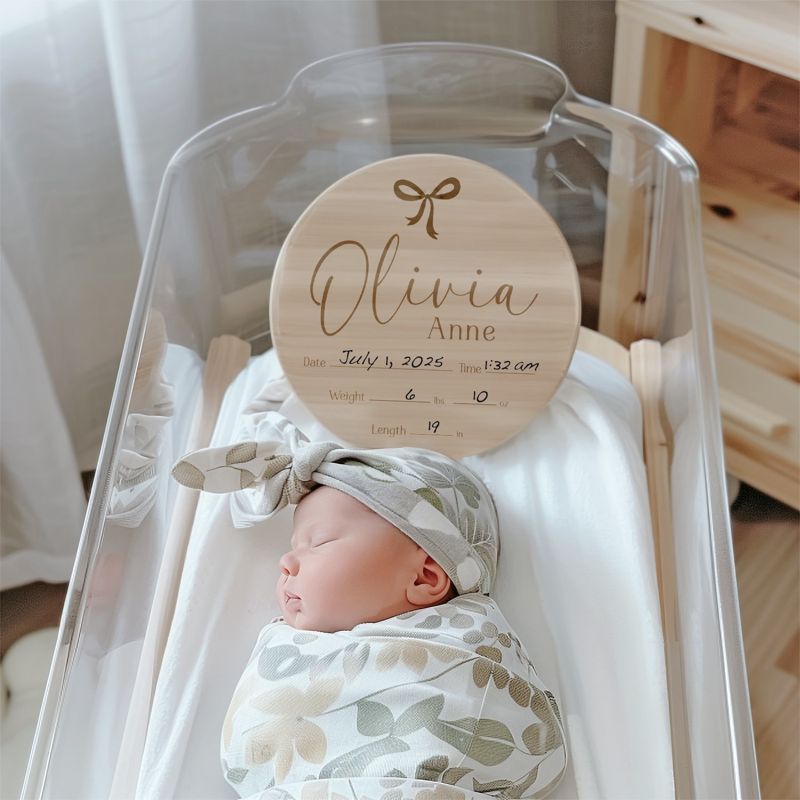 Bow Baby Girl Name and Birth Stats Announcement Sign for Hospital (5" inches)