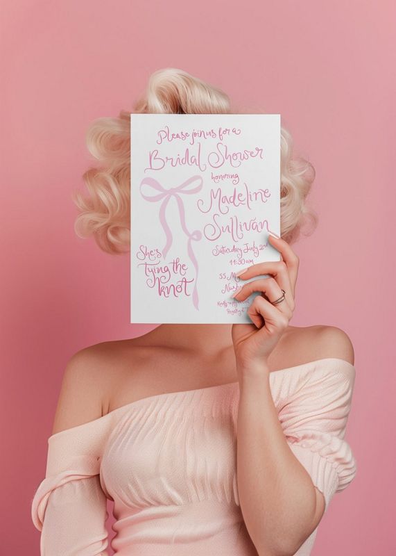 Hand Drawn Tying the Knot Bridal Shower Invitations Coquette Pink Bow Bridal Brunch, Bridal Luncheon, Bridesmaids Lunch Tea (10 printed invitations | Plain White Envelopes)