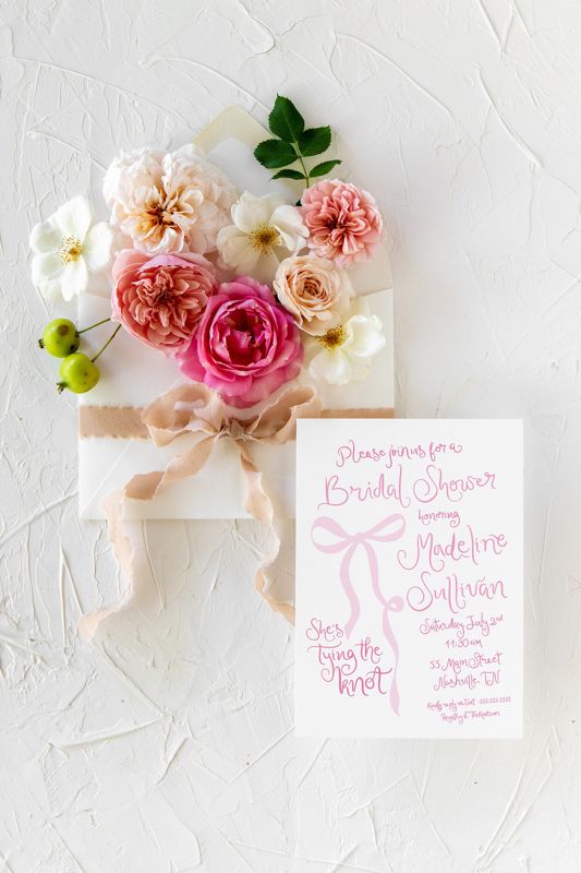 Hand Drawn Tying the Knot Bridal Shower Invitations Coquette Pink Bow Bridal Brunch, Bridal Luncheon, Bridesmaids Lunch Tea (10 printed invitations | Plain White Envelopes)