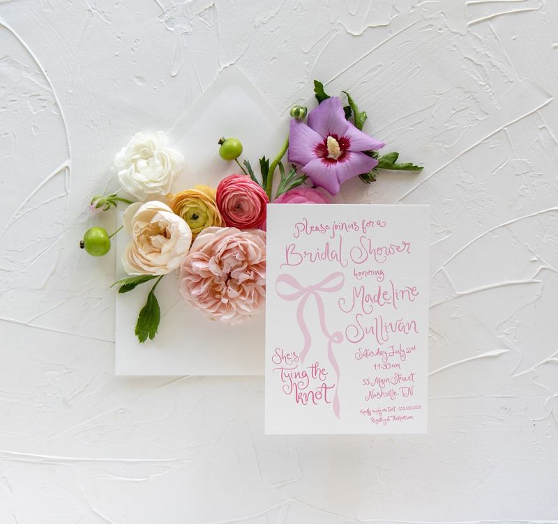 Hand Drawn Tying the Knot Bridal Shower Invitations Coquette Pink Bow Bridal Brunch, Bridal Luncheon, Bridesmaids Lunch Tea (10 printed invitations | Plain White Envelopes)